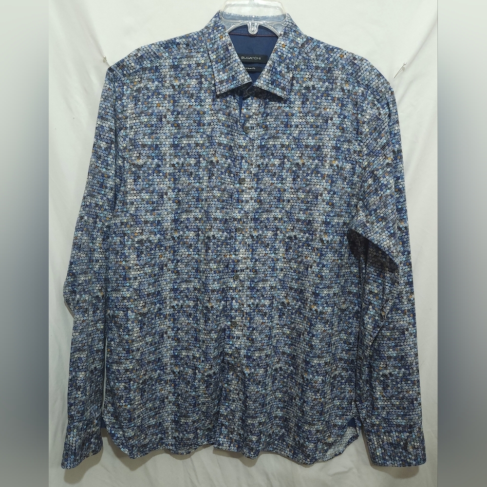 Bugatchi Shirt Shaped Fit Mens Lrg Dots & Swirls Pattern Long Sleeve 100% Cotton
